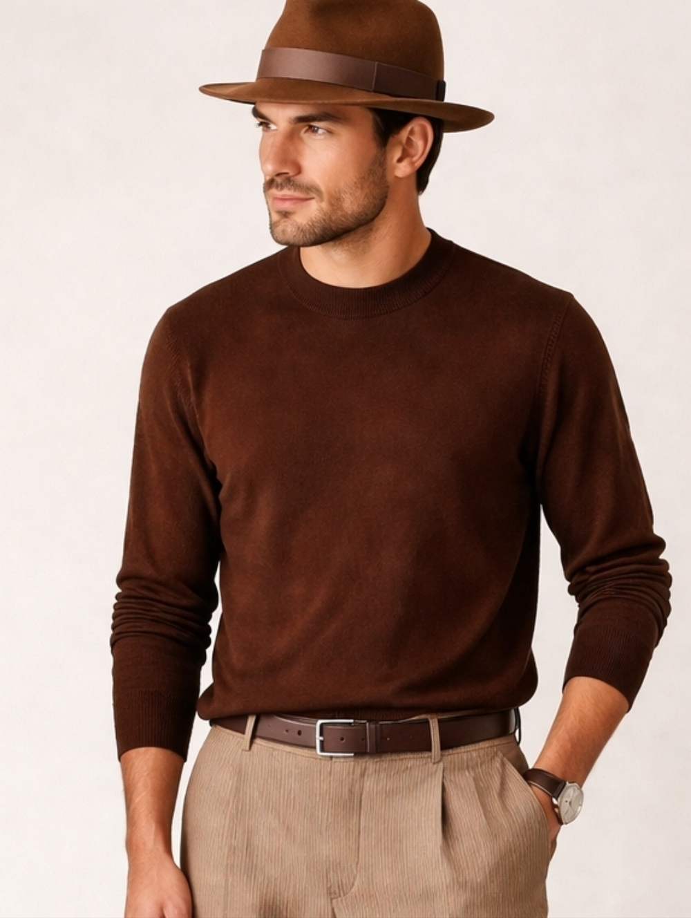 Men's Brown Silk Cotton Crewneck Sweater Large Minilmalist